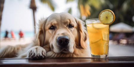 Golden Retriever dog is on summer vacation at seaside resort and relaxing rest on summer beach of Hawaiiの素材