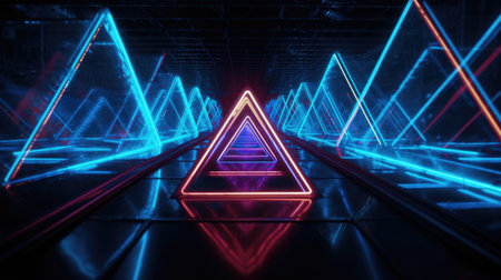 Closeup shot of colorful neon lights forming triangular shapes in perspective. Generative AI AIG21.の素材