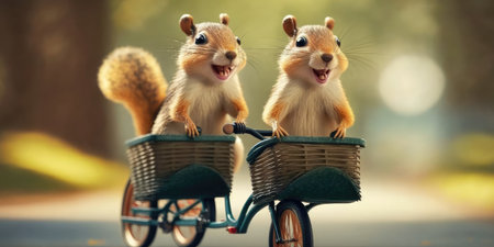 squirrels have fun bicycle ride on sunshine day in summer on town streetの素材