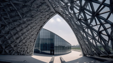 An exhibition center with a blend of curved and geometric architectural elements. Generative AI AIG21.の素材