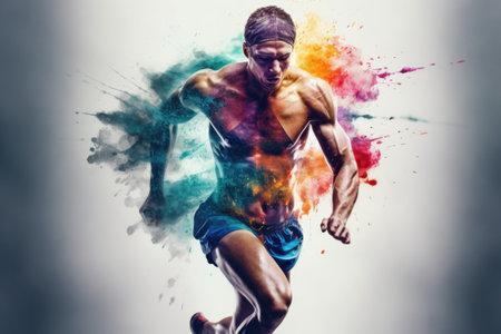 Heroic double exposure colorful photo of a well trained male Swedish runner speedy running. Generative AI AIG19.の素材
