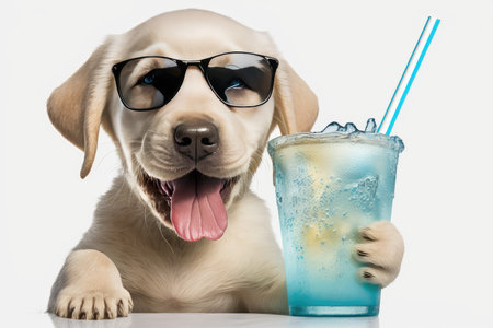 Labrador retriever puppy dog with glass of cocktail on white backgroundの素材