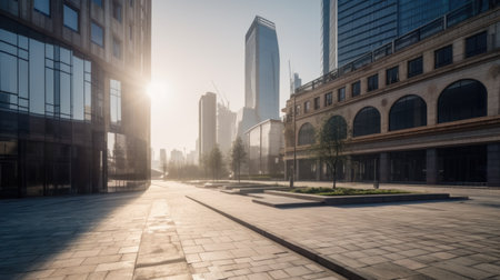 Empty town square with concrete floor in front of office buildings. Generative AI AIG21.の素材