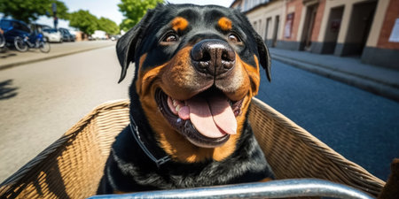 Rottweiler dog have fun bicycle ride on sunshine day morning in summer on town streetの素材