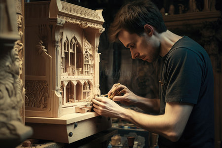 A young man building a wooden cabinet in a wood workshop with determination. Generative AI AIG21.の素材