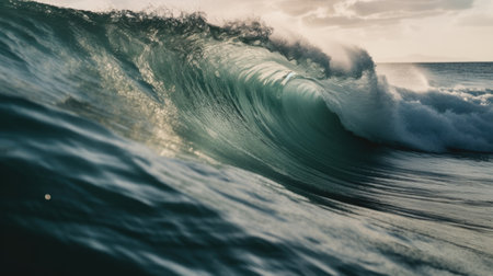 Inside view of the huge breaking wave of the sea. Generative AI AIG21.の素材