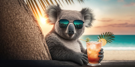 koala is on summer vacation at seaside resort and relaxing on summer beachの素材