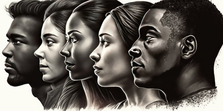 Face portrait of diverse people together looking straight. Multiracial concept. distinct generative AI image.の素材