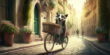 badger have fun bicycle ride on sunshine day in summer on town streetの素材