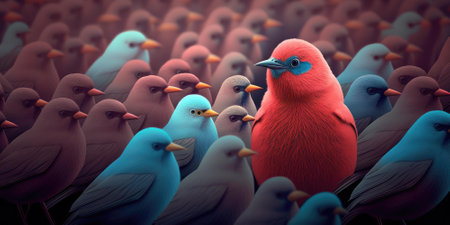 Difference concept showing by extraordinary bird standing out of the crowd. superlative generative AI image.の素材