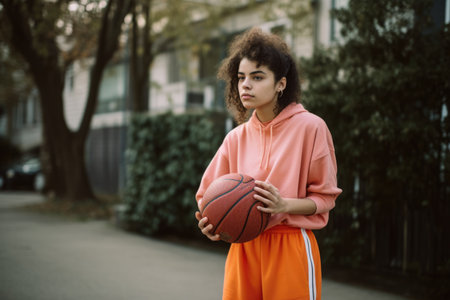 Non-binary Hispanic teenager playing basketball driveway activity. Generative AI AIG23.の素材