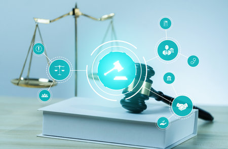 Smart law, legal advice icons and lawyer working tools in the lawyers office showing concept of...