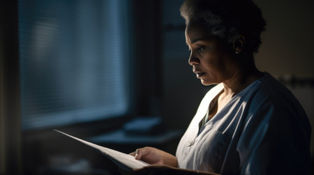 Nurse Female African-American Mature Checking patients chart in Hospital. Generative AI AIG22.の素材