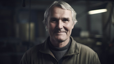 A smiling senior Swedish male factory worker standing in metal sheet factory. Generative AI AIG19.の素材