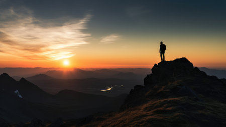 Silhouette of a person standing on the top of a hill under the beautiful colorful sky in the morning. Generative AI AIG21.の素材