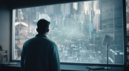 A man looking at blue hologram screen showing the city plan with the light teal and light black. Generative AI AIG21.の素材