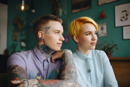 Happy young couple with tattoos and vivid colors short hair in an office. Generative AI AIG21.の素材