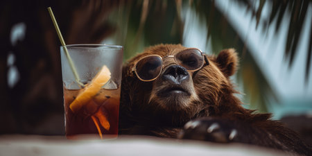 grizzly is on summer vacation at seaside resort and relaxing on summer beachの素材