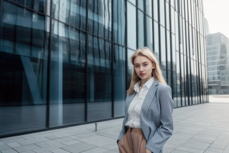 Young shy blonde girl in business attire, standing in front of modern office building. Generative AI AIG20.の素材