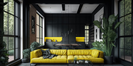 Interior of yellow and black living room of modern apartment. distinct generative AI image.の素材