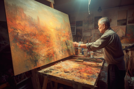 The senior artist working on canvas at easel in his studio. Generative AI AIG21.の素材