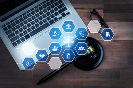 Smart law, legal advice icons and lawyer working tools in the lawyers office showing concept of...