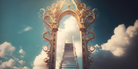 Majestic afterlife heaven gate decorated with ornate gold design. superlative generative AI image.の素材