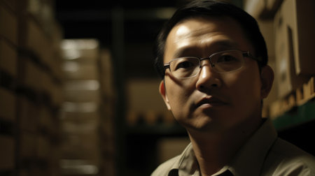 Logistics Coordinator Male Asian Middle-Aged Coordinating the transportation and distribution of industrial goods in Distribution center. Generative AI AIG22.の素材