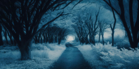 Blue monochrome color haunted path in dark forest. superlative generative AI image.の素材