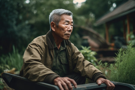 Male Asian senior gardening in backyard plants grass. Generative AI AIG23.の素材