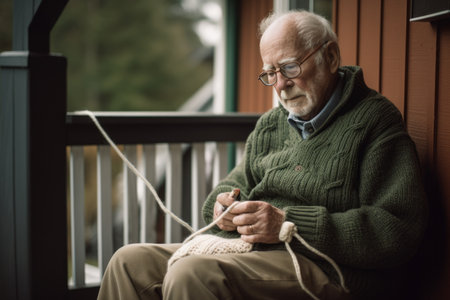 Male Caucasian elderly knitting cozy sweater warmth patio. Generative AI AIG23.の素材