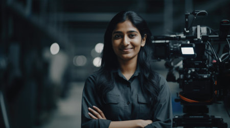 A smiling Indian female electronic factory worker standing in factory. Generative AI AIG19.の素材