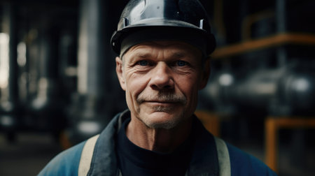 A smiling senior Swedish male factory worker standing in oil refinery plant. Generative AI AIG19.の素材