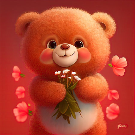Smiling cute teddy bear holding bouquet in colorful flowers isolated warm background. Concept of phonographic in art digital of animal abstract profile. Glorious generative AI.の素材