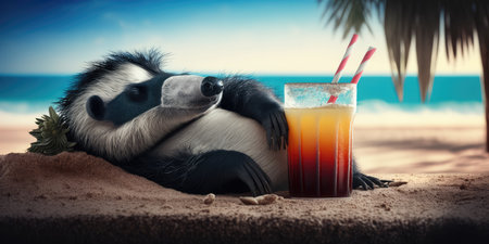 badger is on summer vacation at seaside resort and relaxing on summer beachの素材