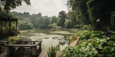 Terrace with pond view design with wooden structure in spa hotel or luxury home. distinct generative AI image.の素材