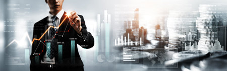 Businessman analyst working with digital finance business data graph showing technology of...