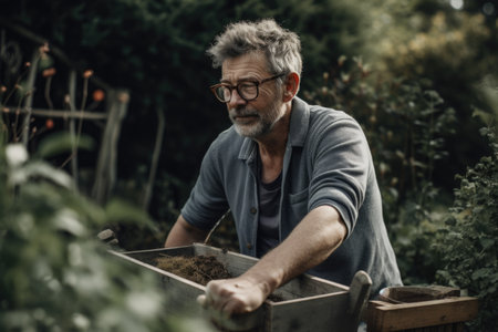 Male Caucasian middle aged gardening in backyard plants practical. Generative AI AIG23.の素材