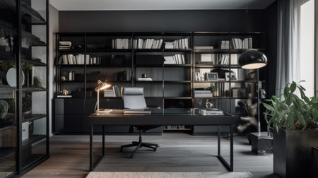 Interior design of Home Office in Modern style with Desk decorated with Metal, Glass, Leather material. Contemporary architecture. Generative AI AIG24.の素材