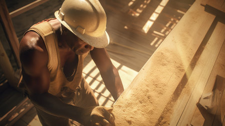 Construction Worker Male African-American Mature Using tools to build a house in Construction site. Generative AI AIG22.の素材