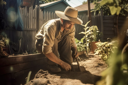 Male Native American 60s gardening in backyard plants overalls. Generative AI AIG23.の素材