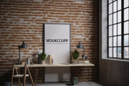 Empty poster mock up sign on the wall in an industrial loft office interior. Generative AI AIG18.の素材