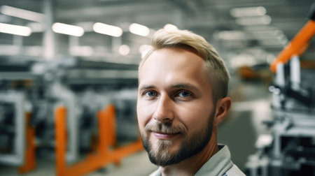Blonde male engineer smiling, standing inside the smart factory with robotic arm looking at the camera with blur background. Generative AI AIG20.の素材
