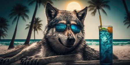 wolf is on summer vacation at seaside resort and relaxing on summer beachの素材