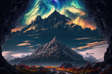 Beautiful celestial sky in dreamy fantasy with bright star in the sky over nature landscapeの素材