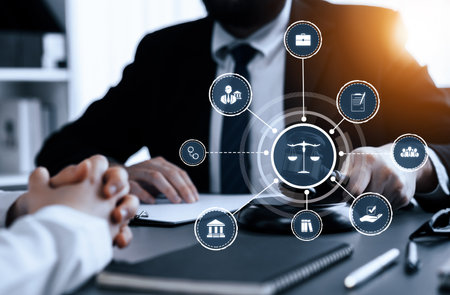 Smart law, legal advice icons and lawyer working tools in the lawyers office showing concept of...