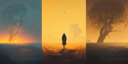 Lonely man walking in barren arid plain landscape. superlative generative AI image.の素材