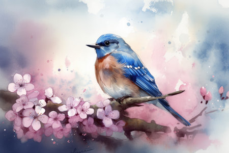 a bluebird perched on a tree branch and surrounded by a flurry of falling cherry blossom petals Generative AI AIG18.の素材
