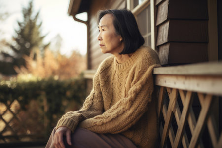 Female Asian senior knitting cozy sweater warmth front porch. Generative AI AIG23.の素材