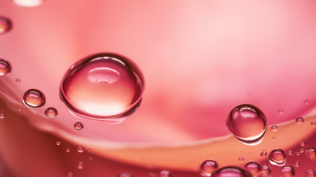 Translucent oil drops in liquid on smooth rose blurred background. Generative AI AIG21.の素材